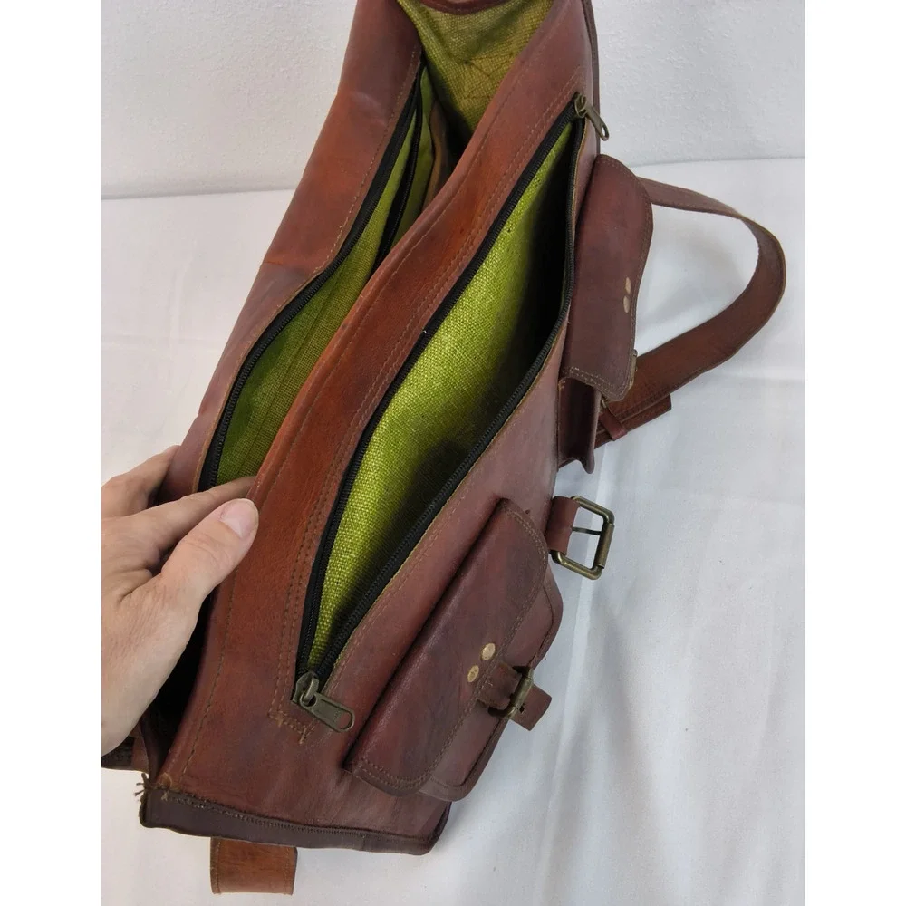 Cuero Handmade Leather Messenger Bag Unisex Brown Leather 11 Pockets #W5112